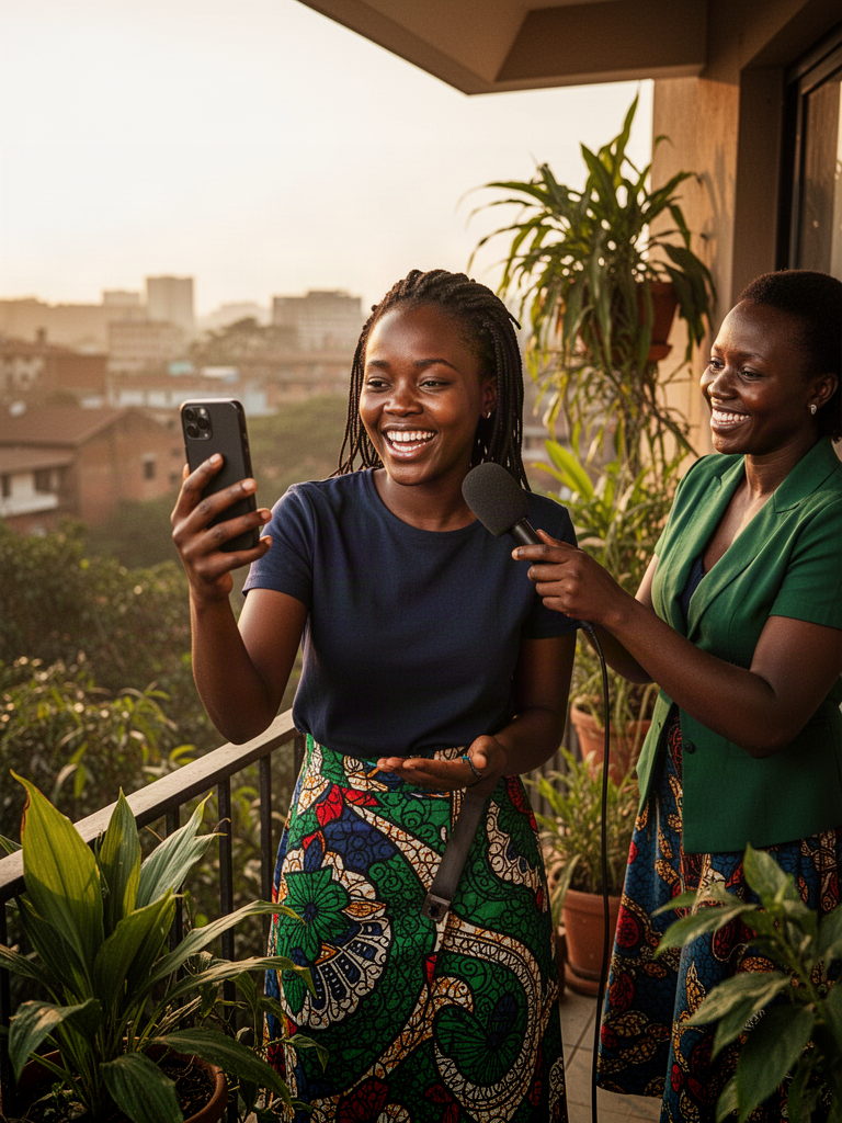 Illustrative portrait of a young Kenyan woman recording a video message on her phone