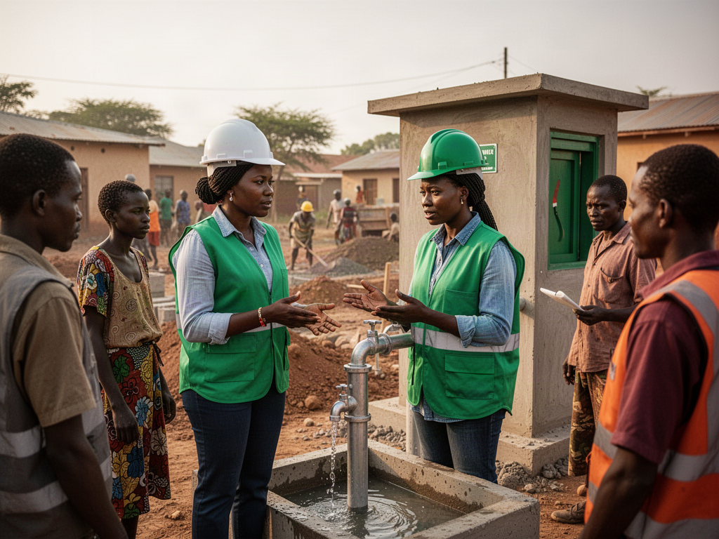 Illustrative Kenyan community members discussing water infrastructure with an engineer